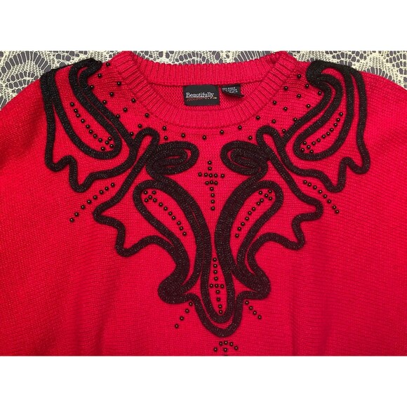 Vintage 80s Sweater 1980s Red & Black Whimysgoth Goth Retro Glam Size Large - Picture 4 of 8